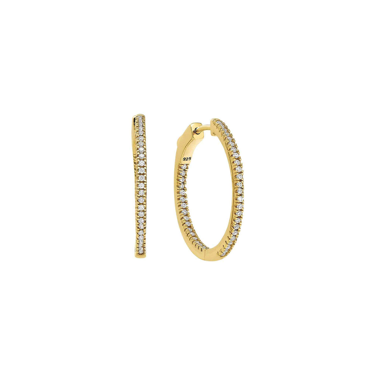 A inside out medium hoop earrings with simulated diamonds displayed on a neutral white background.