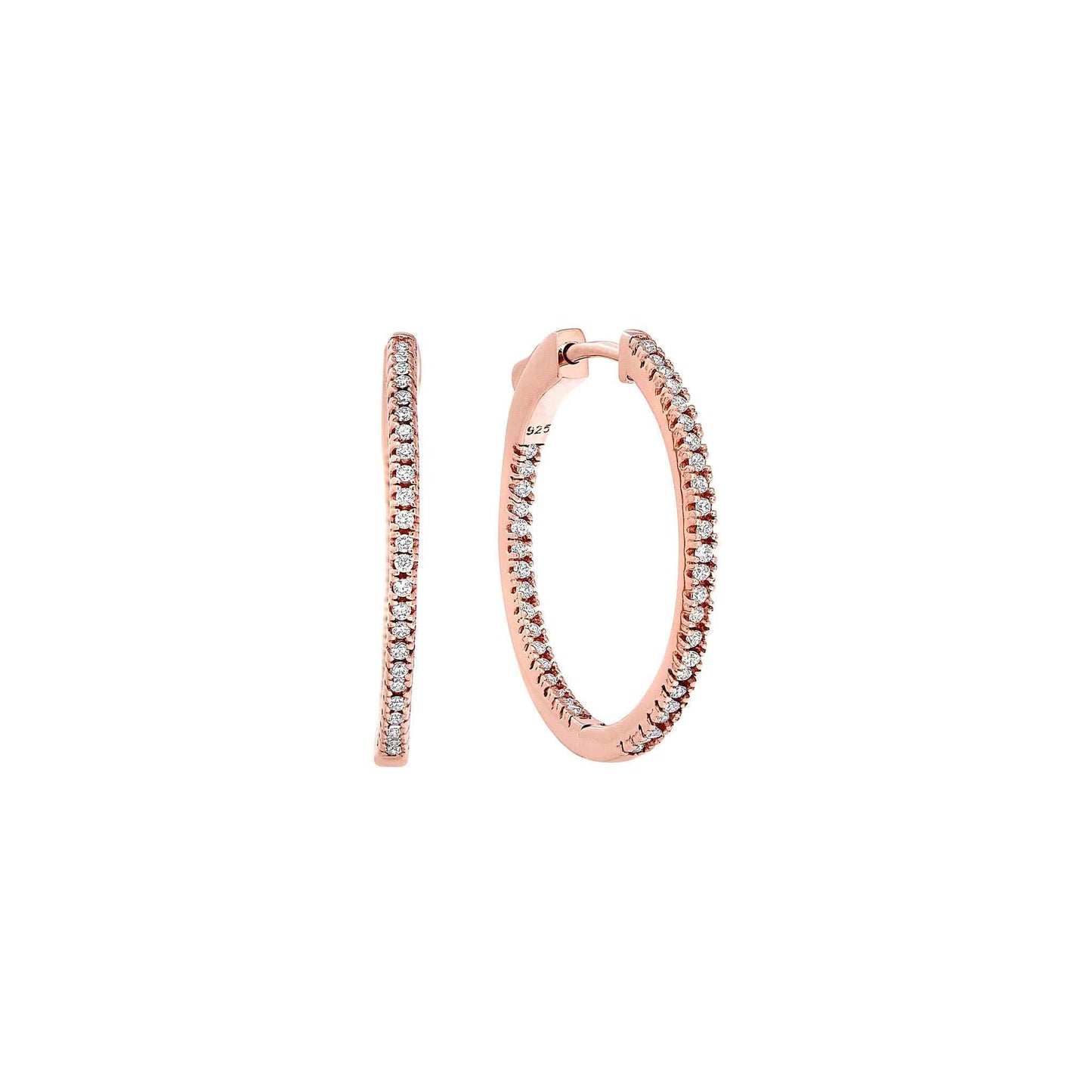 A inside out medium hoop earrings with simulated diamonds displayed on a neutral white background.