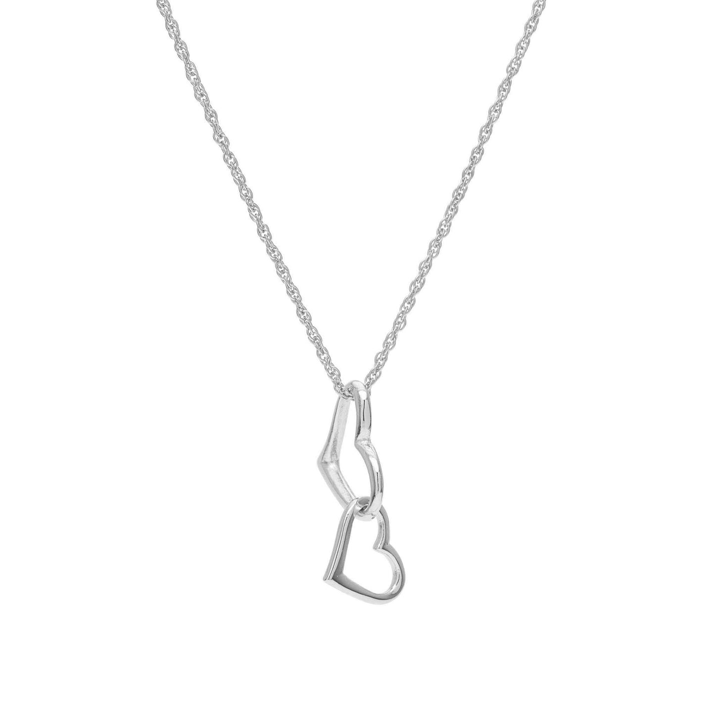 A interlocked double heart necklace displayed on a neutral white background.