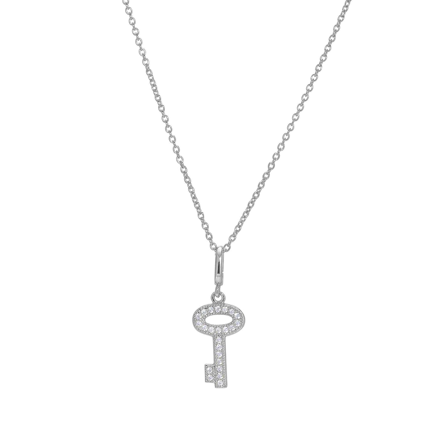 A key necklace with simulated diamonds displayed on a neutral white background.