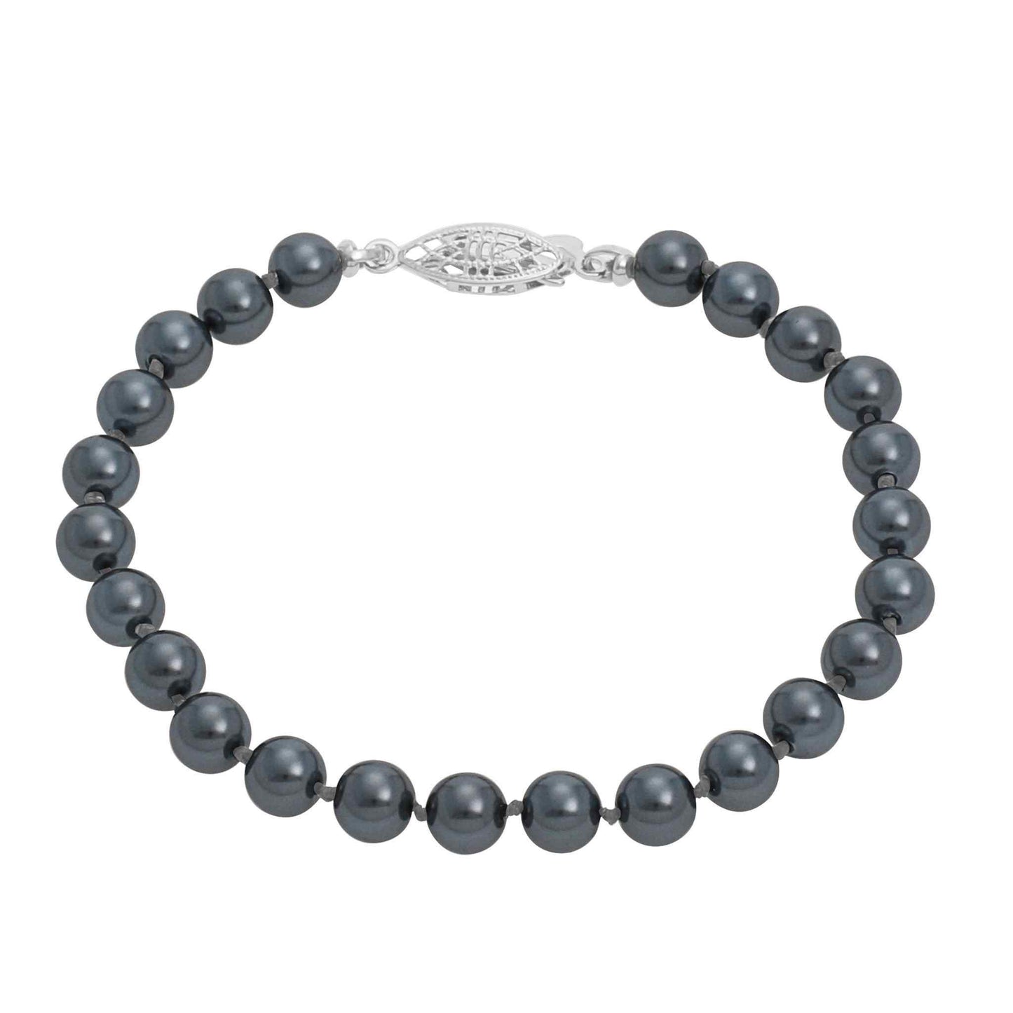 A knotted black glass pearl bracelet displayed on a neutral white background.