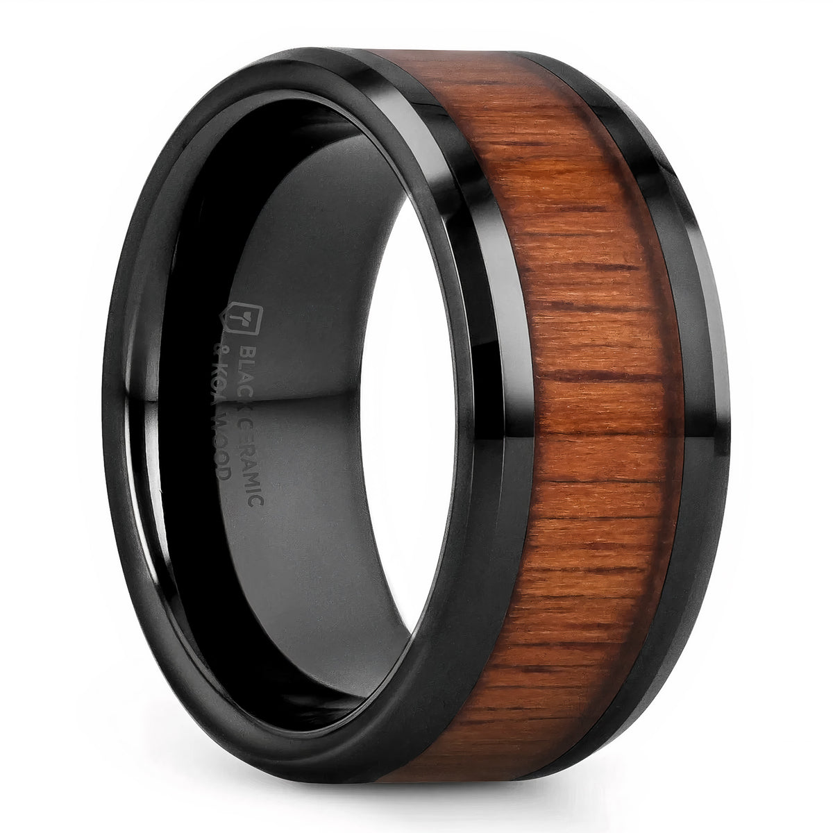 Black Ceramic Men's Wedding Band with Koa Wood Inlay