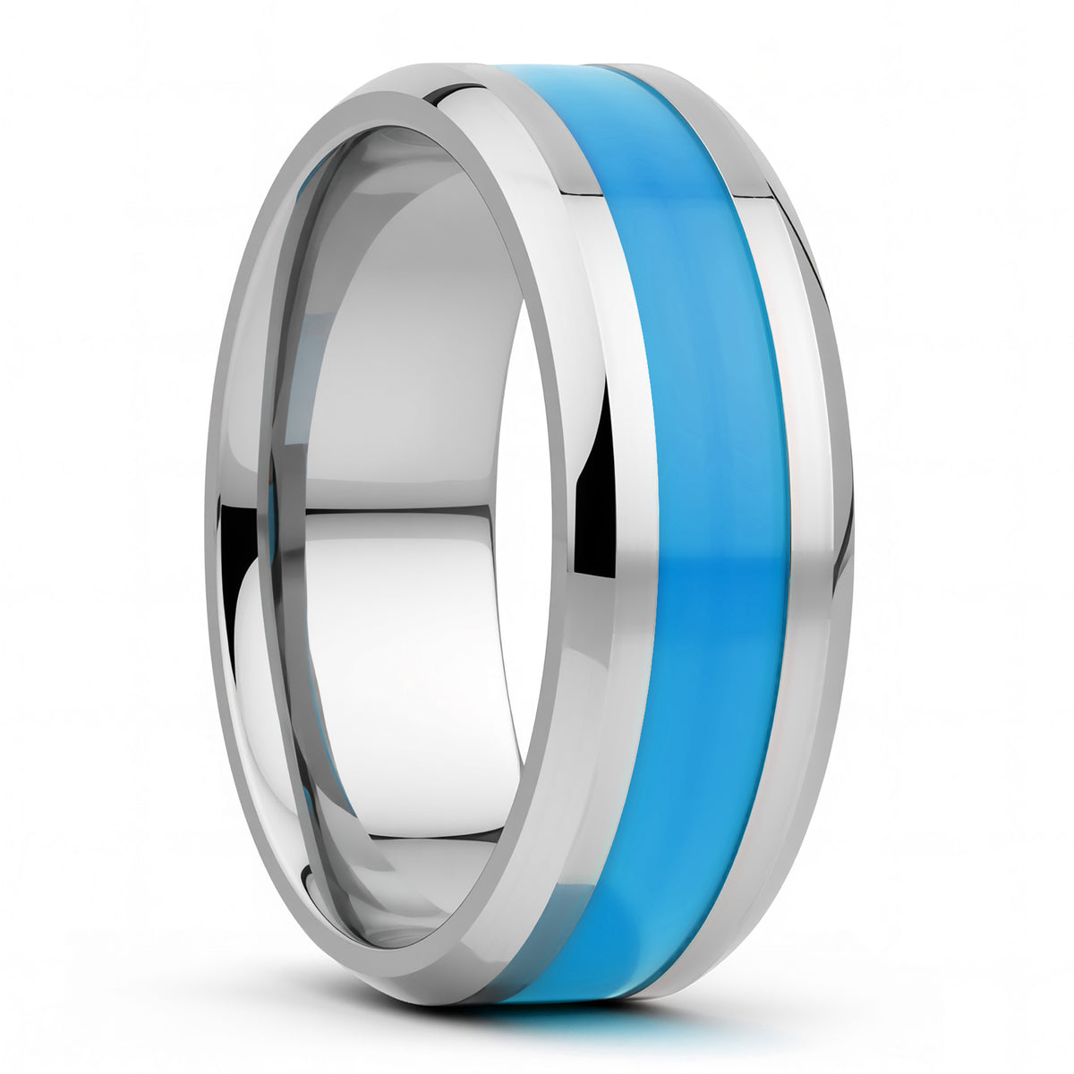 Light Blue Stripe Inlay Titanium Wedding Band with Beveled Edges