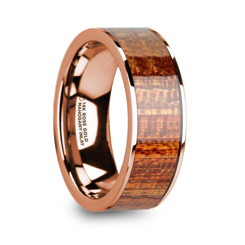Mahogany Wood Inlay 14k Rose Gold Men's Wedding Band