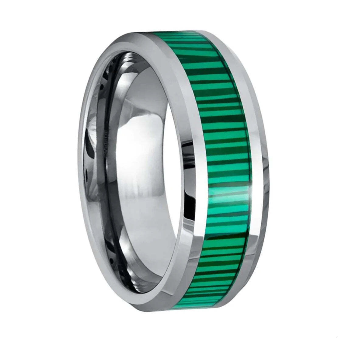 Malachite Inlay Dome Silver Tungsten Men's Wedding Band