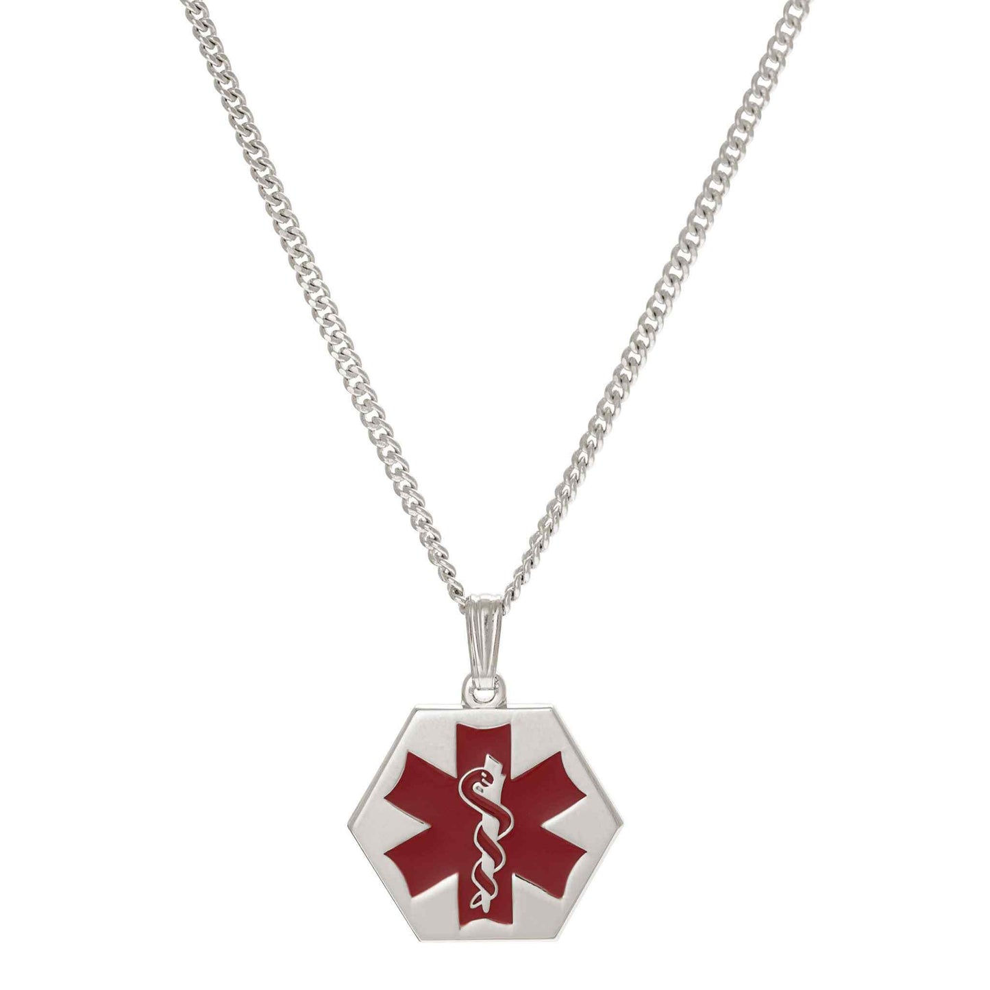 A medical necklace with red epoxy displayed on a neutral white background.