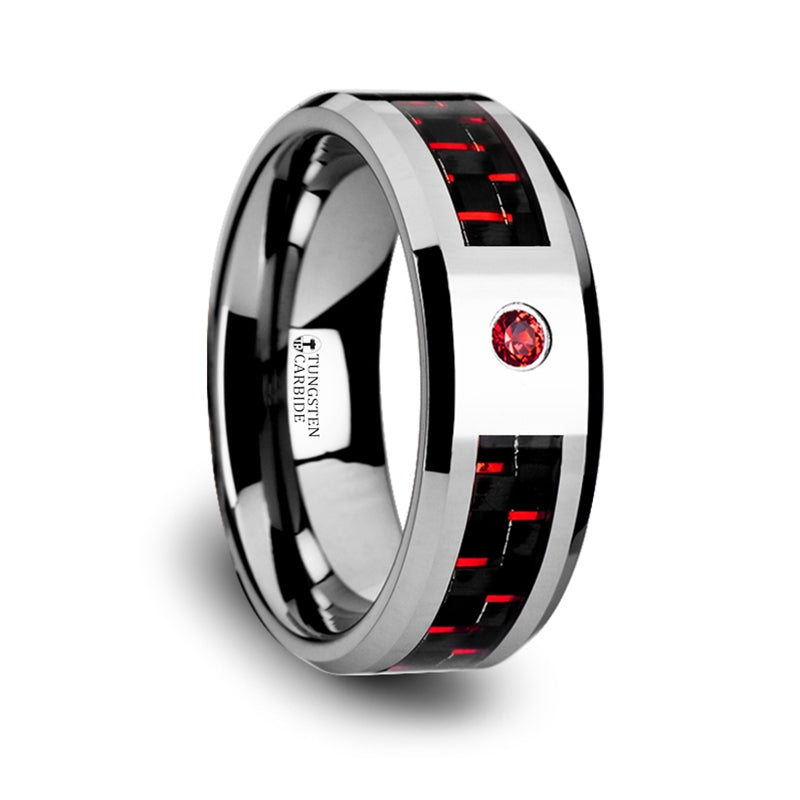 Men's Tungsten Wedding Band with Black & Red Carbon Fiber and Ruby