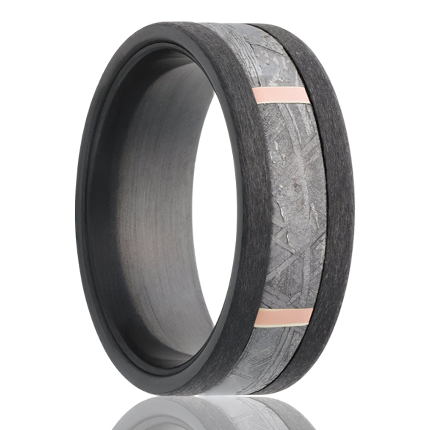 Meteorite & 14k Rose Gold Inlay Satin Zirconium Wedding Band