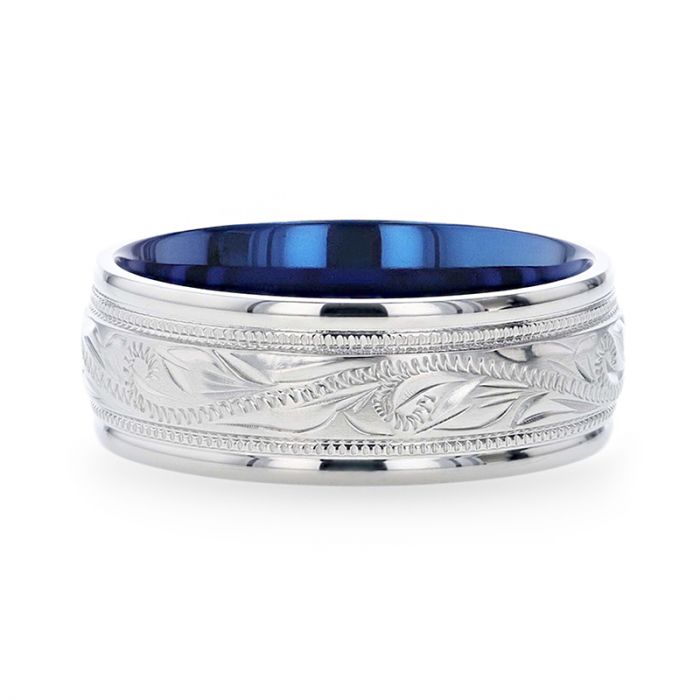 Milgrain Patterned Titanium Men's Wedding Band with Blue Interior