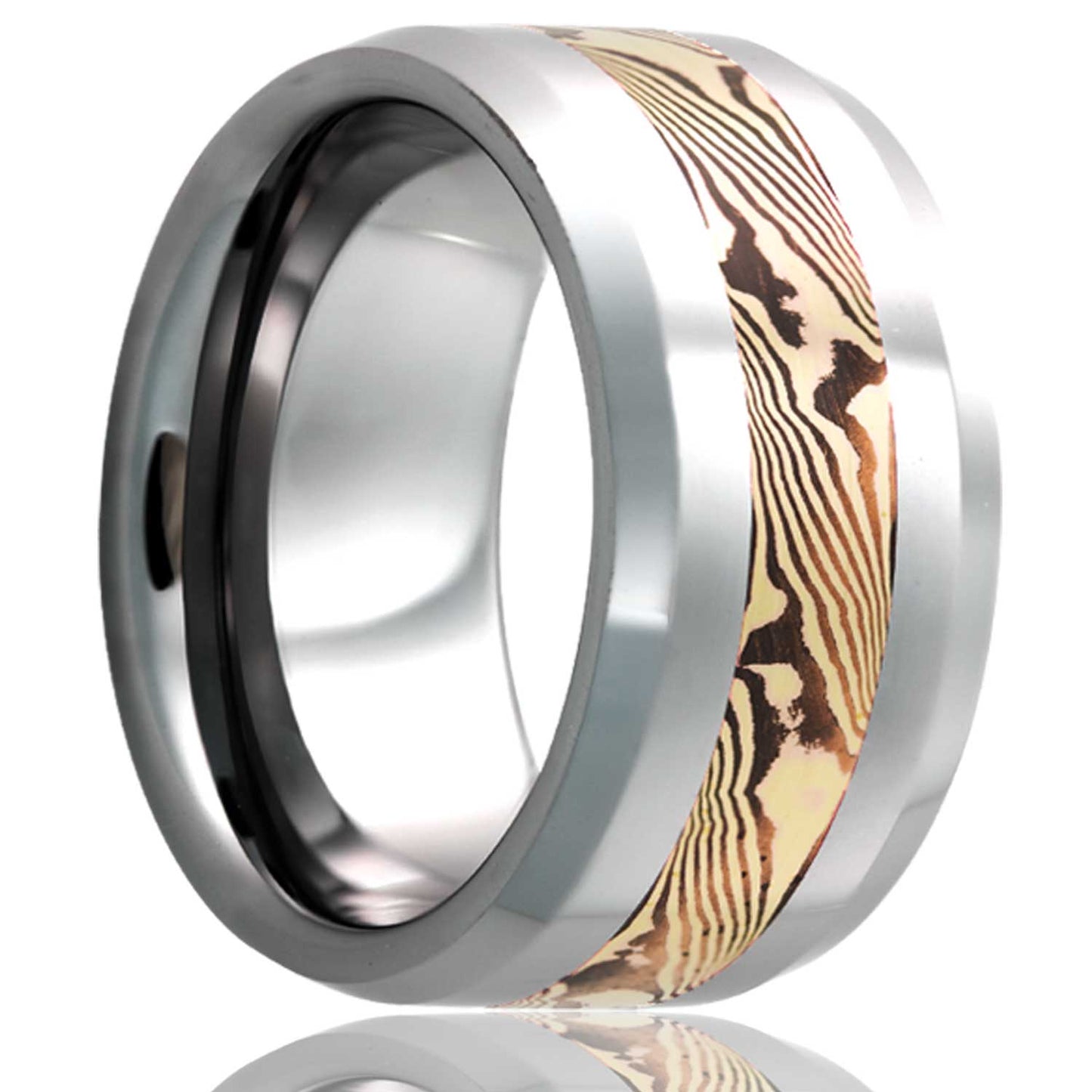 Mokume Gane Inlay Tungsten Wedding Band with Beveled Edges