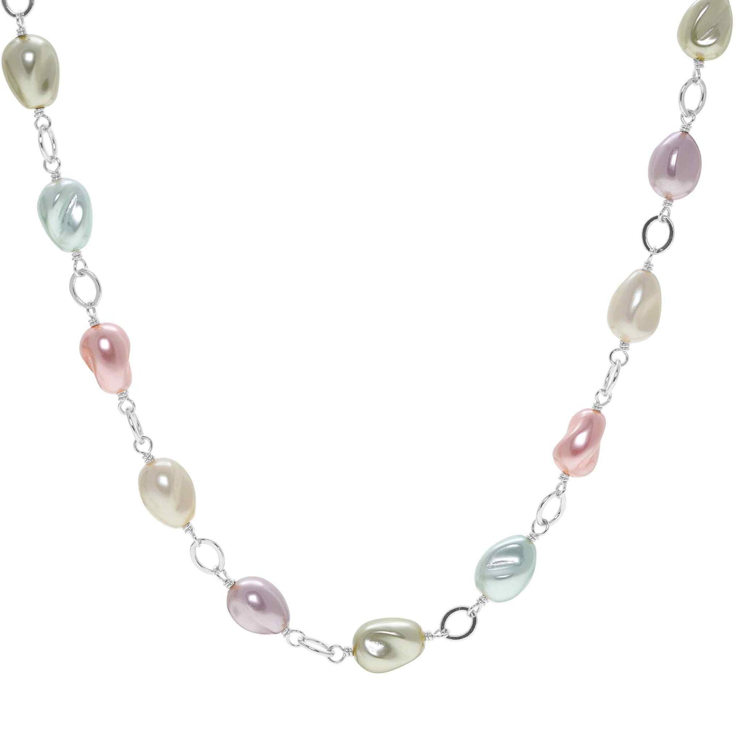 A multicolored tin cup necklace displayed on a neutral white background.