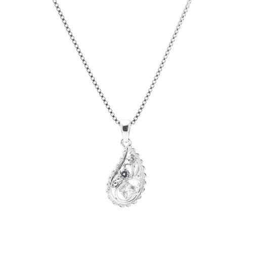A simulated diamond paisley teardrop necklace displayed on a neutral white background.