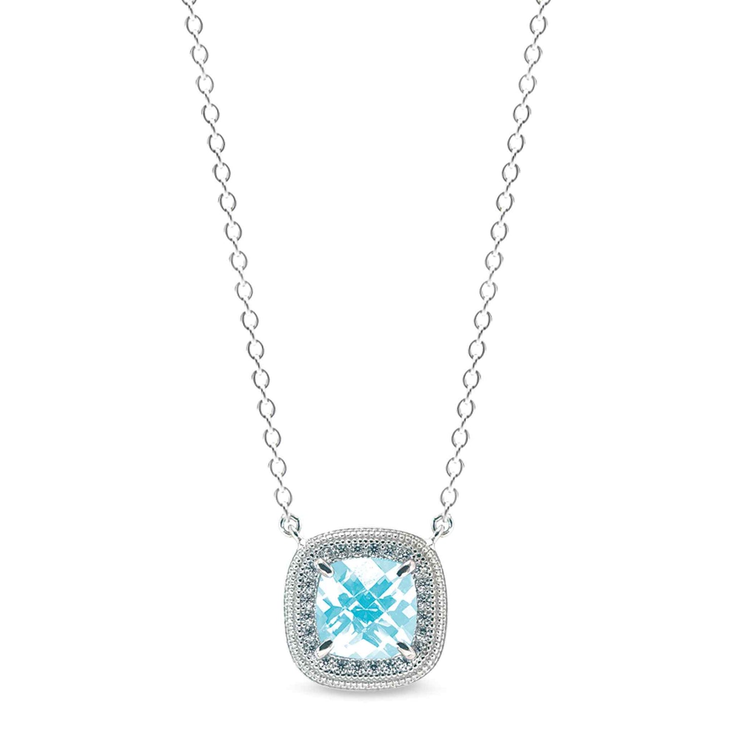 A necklace with simulated aquamarine & diamonds displayed on a neutral white background.