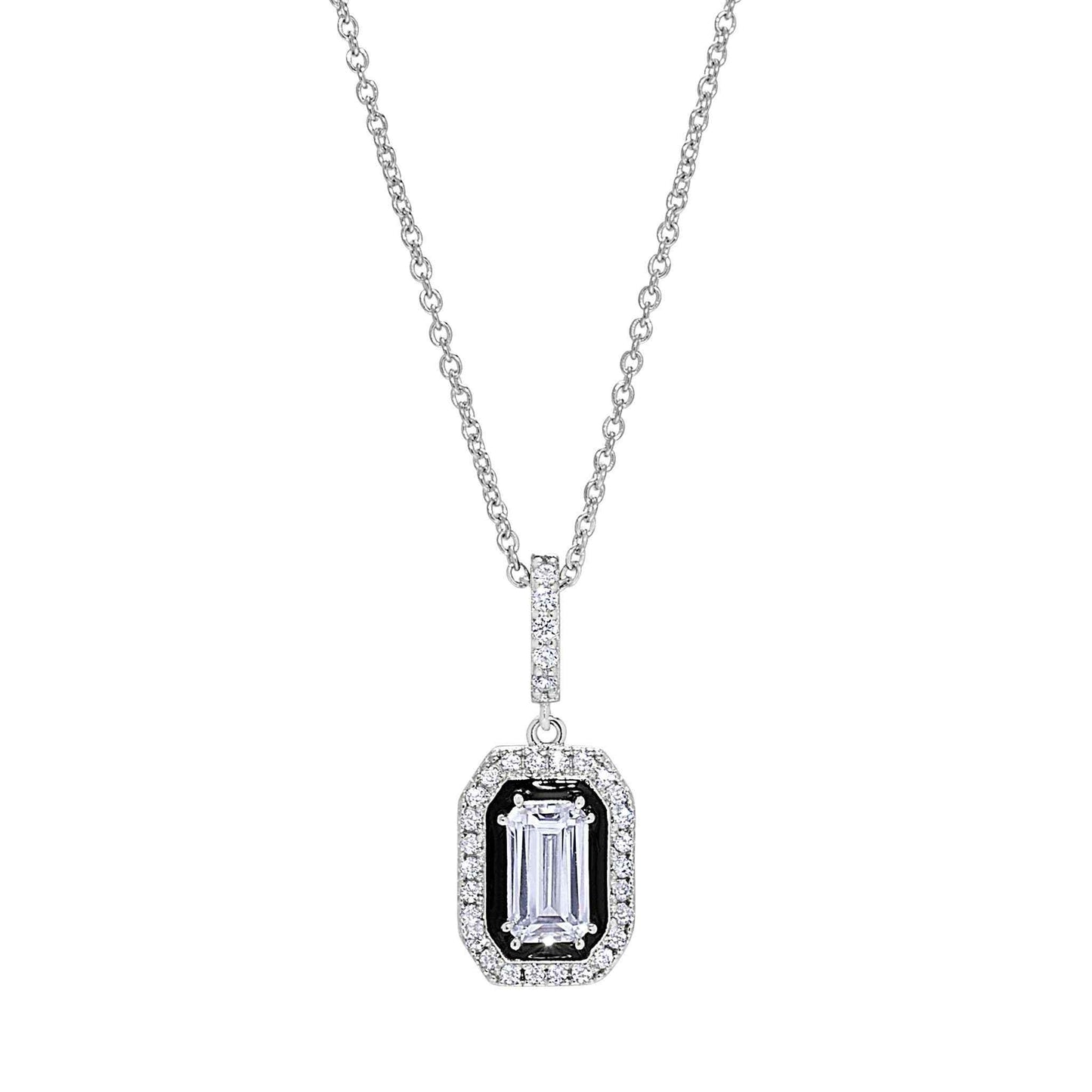 A octagon necklace with black enamel and simulated diamonds displayed on a neutral white background.