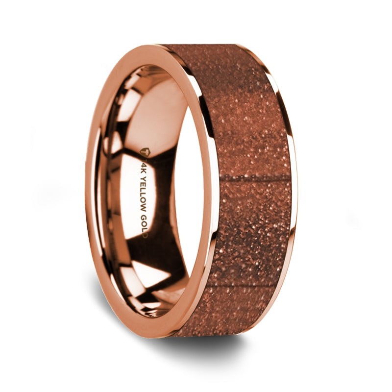 Orange Goldstone Inlay 14k Rose Gold Men's Wedding Band