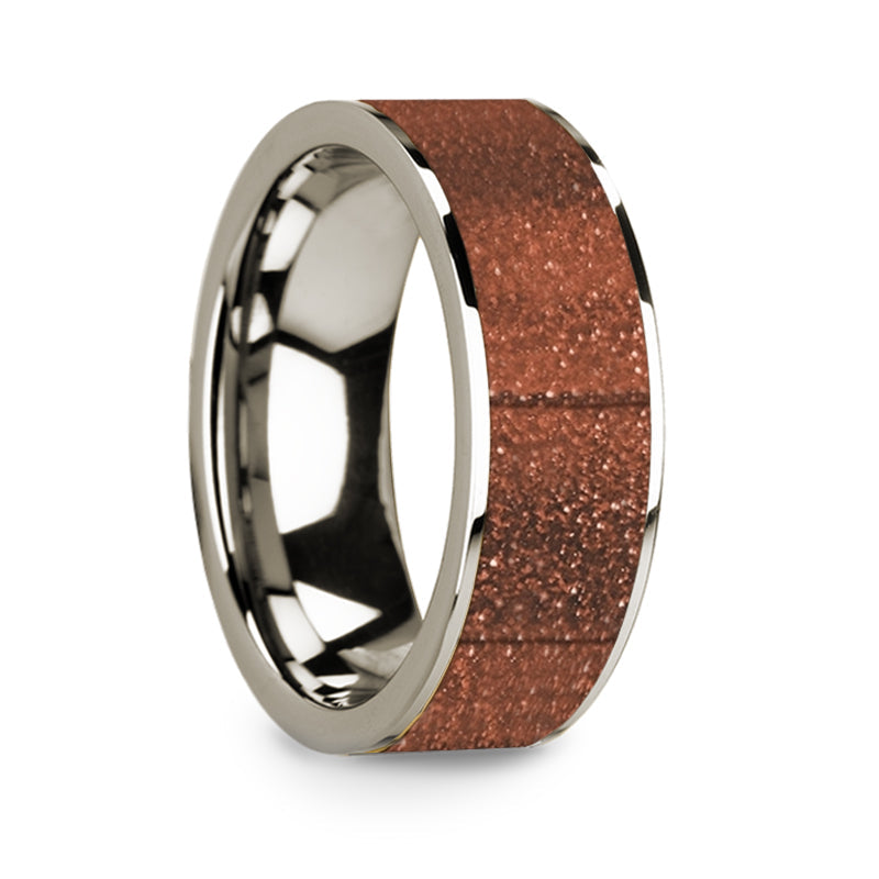 Orange Goldstone Inlay 14k White Gold Men's Wedding Band