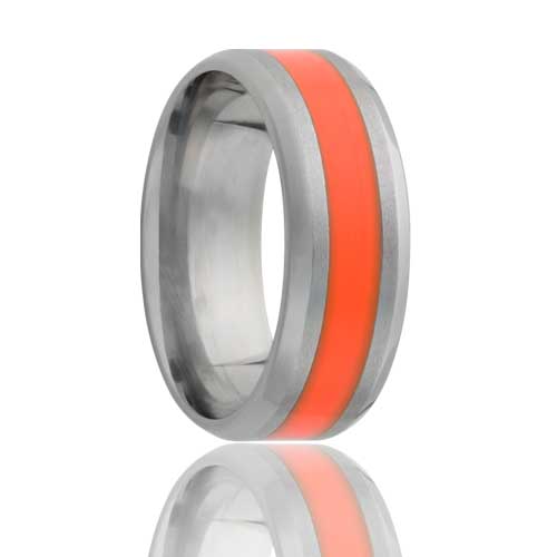 Orange Stripe Inlay Titanium Wedding Band with Beveled Edges
