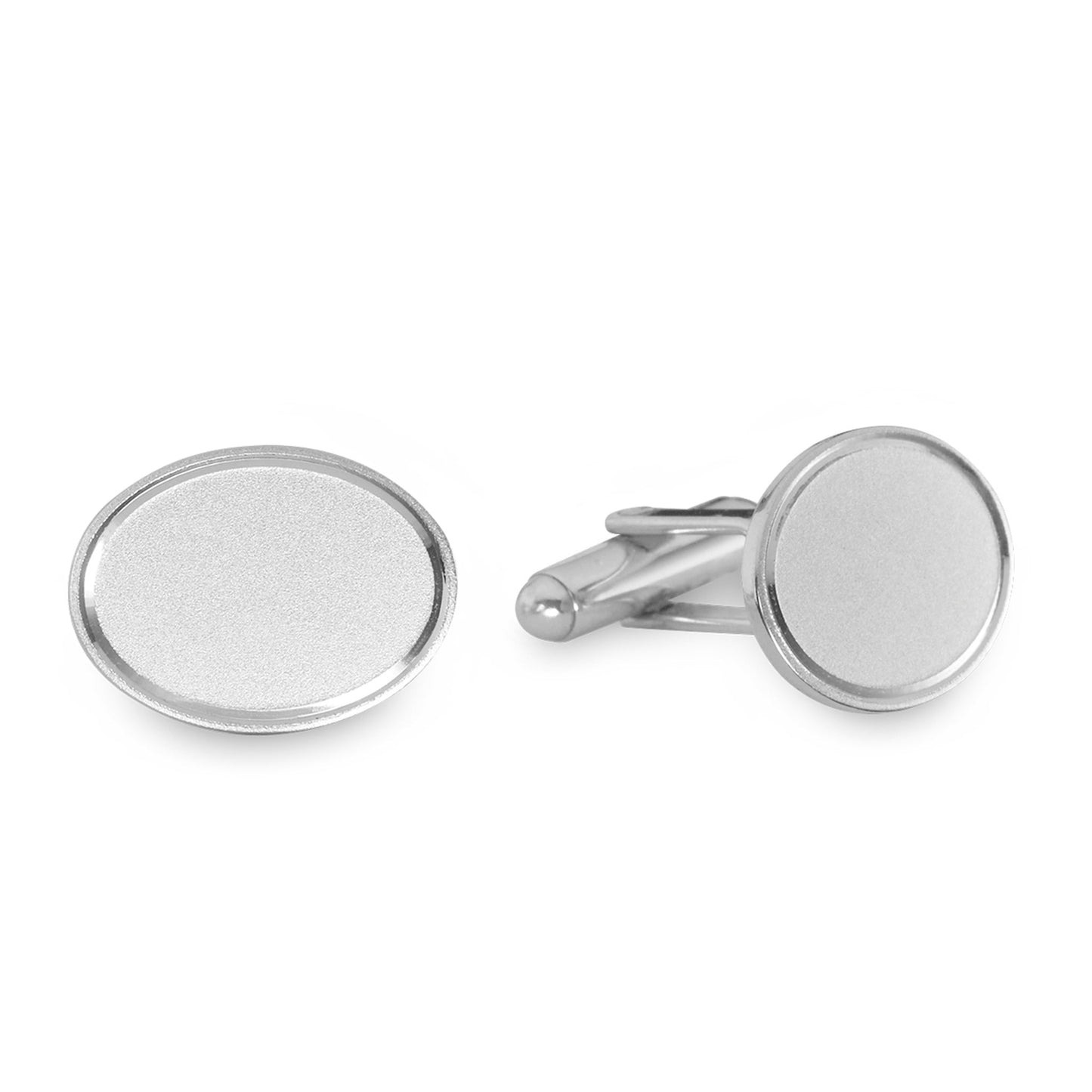 A oval cufflinks with etched border displayed on a neutral white background.