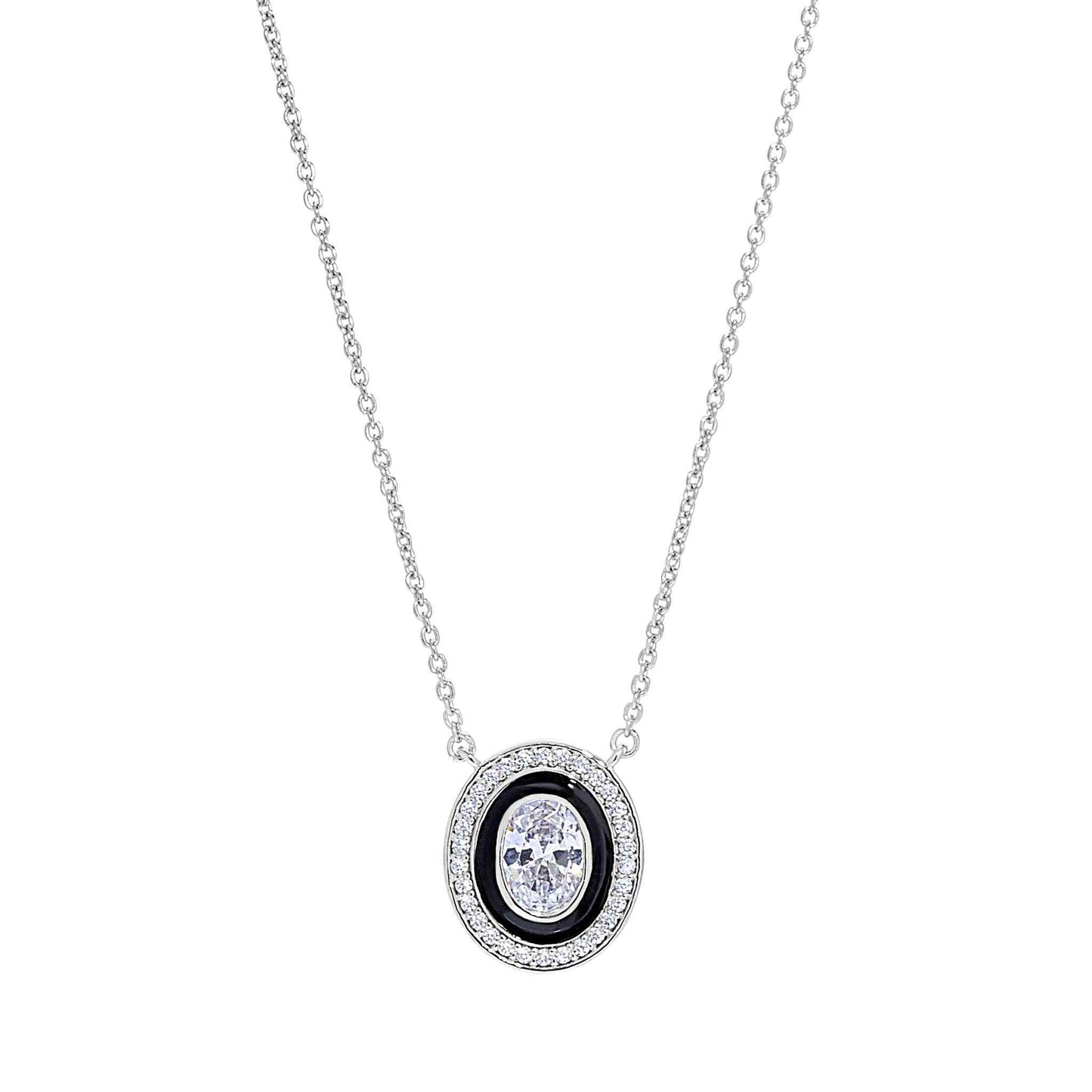 A oval halo necklace with black enamel and simulated diamonds displayed on a neutral white background.