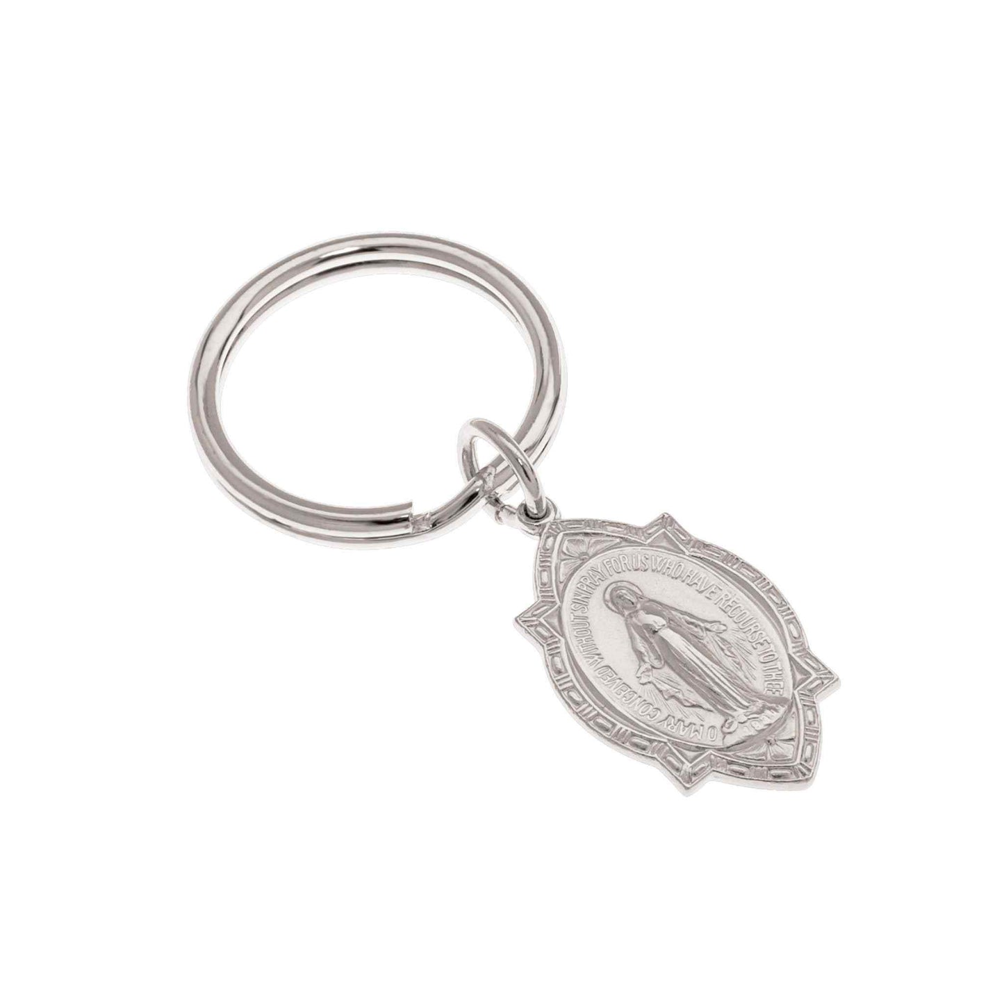 A oval miraculous mary medal key ring displayed on a neutral white background.