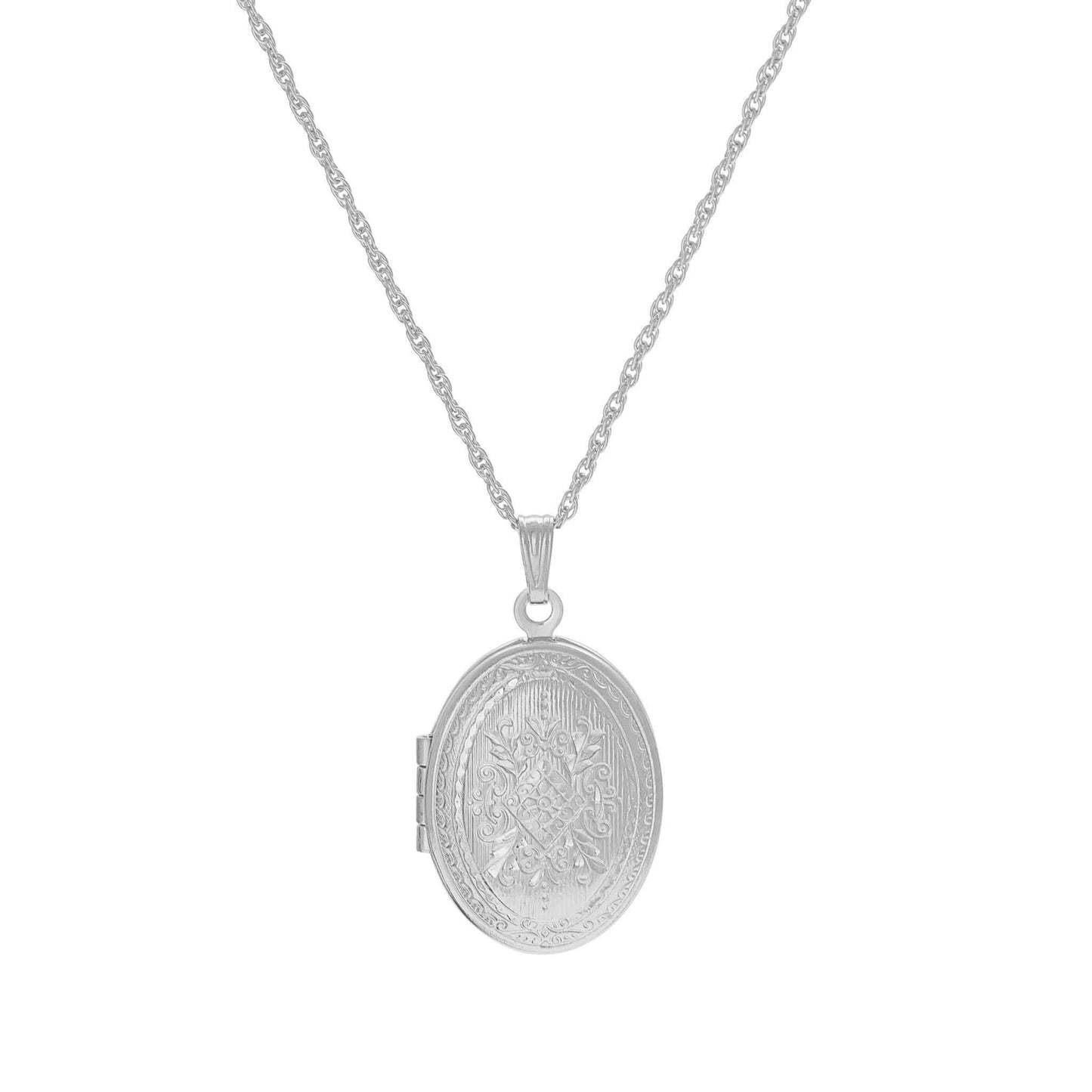 A oval patterned locket with bezel inserts displayed on a neutral white background.