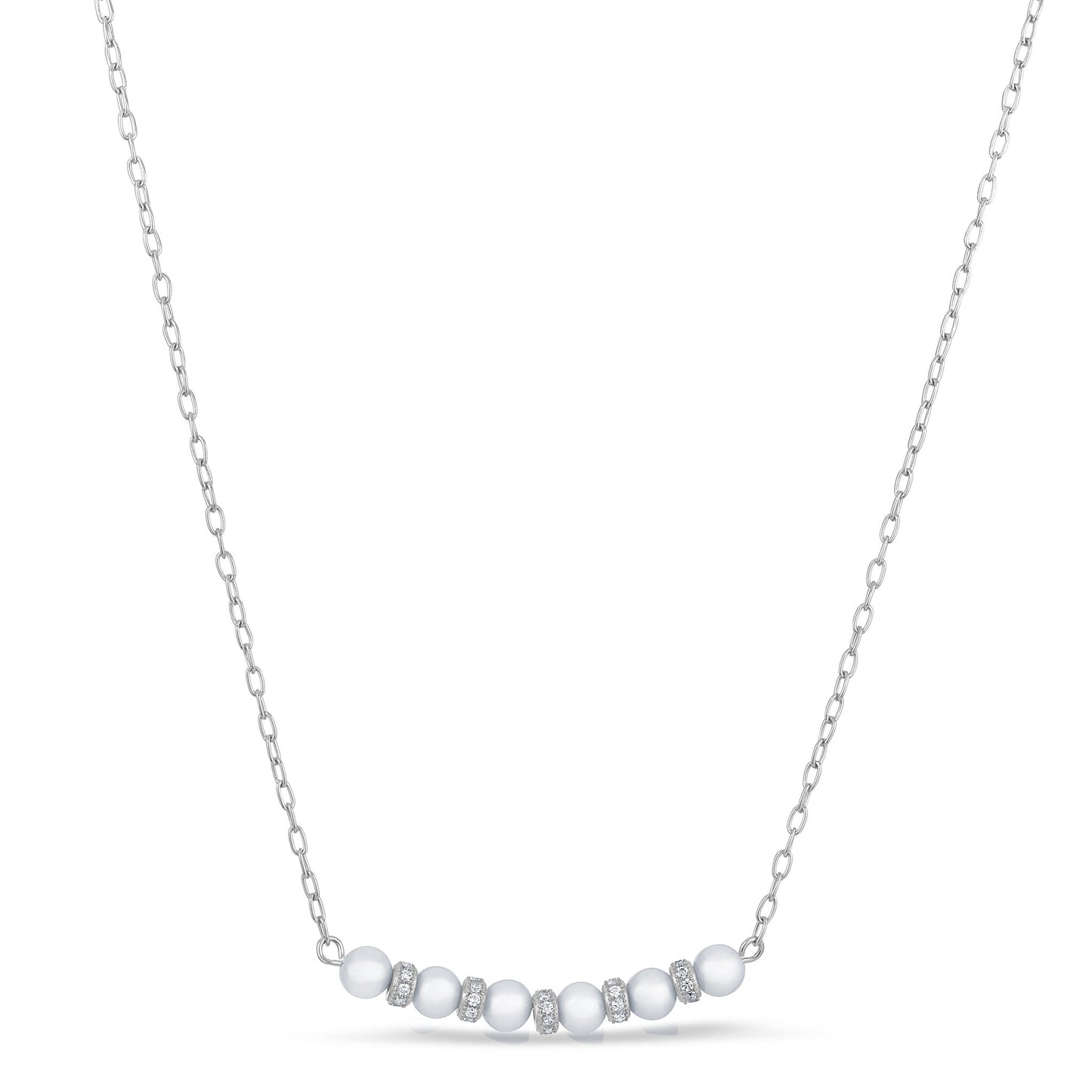 A pearl and simulated diamond necklace displayed on a neutral white background.