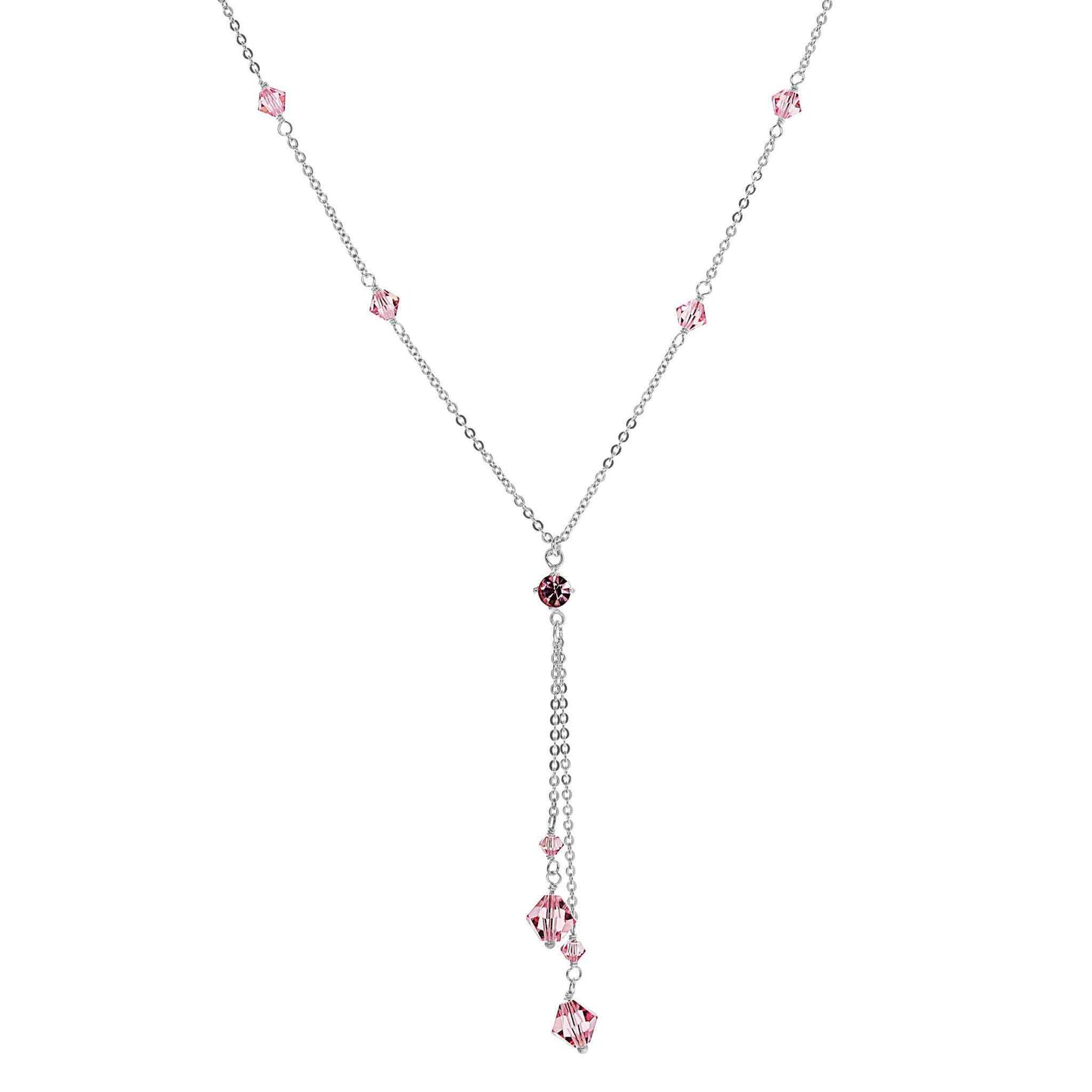 A pink crystal y-necklace displayed on a neutral white background.