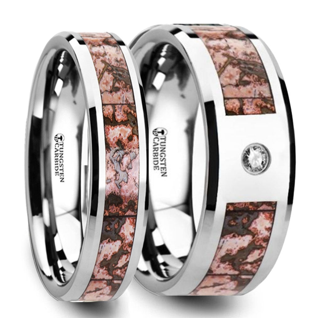 Pink Dinosaur Bone Inlay Tungsten Carbide Couple's Ring Set