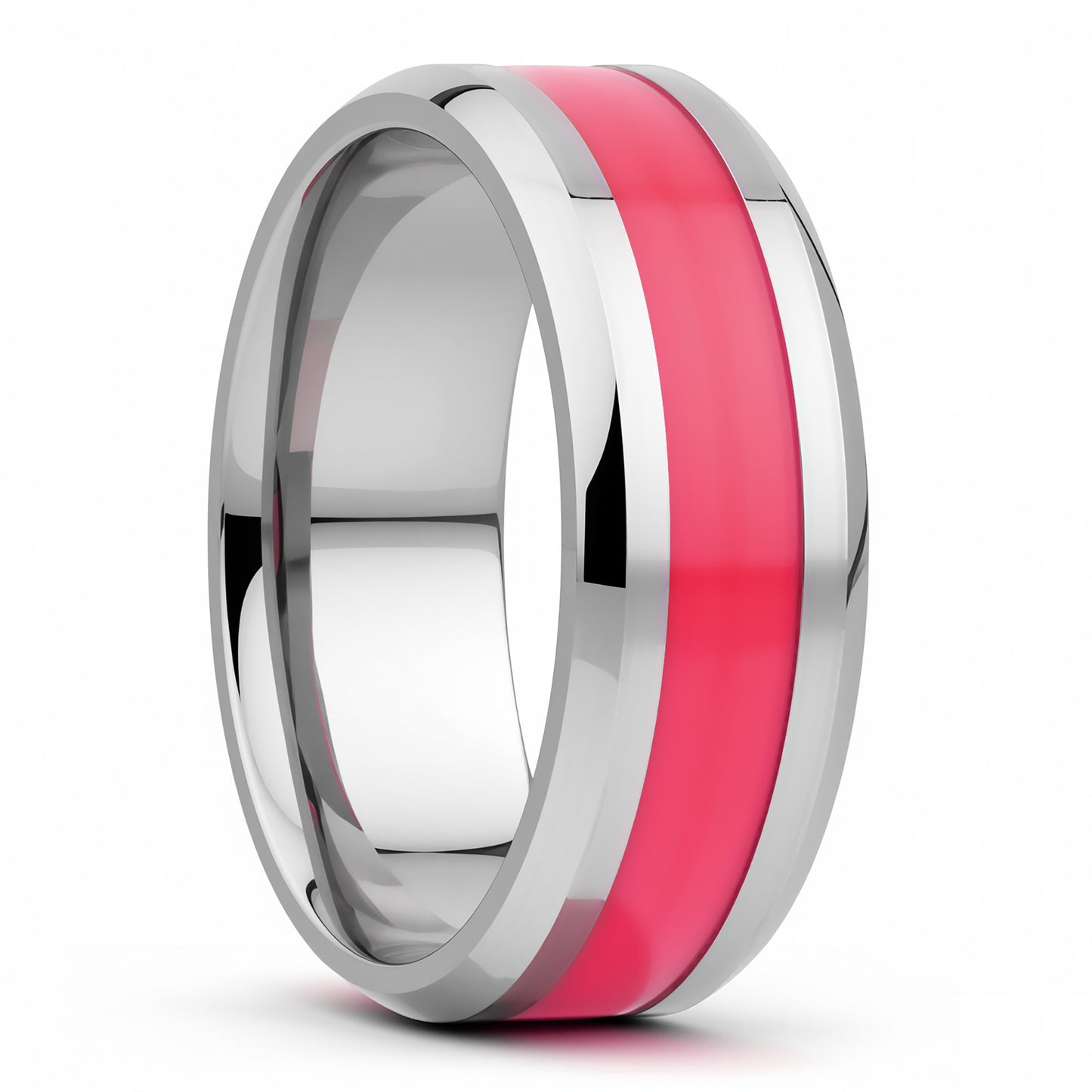 Pink Stripe Inlay Titanium Wedding Band with Beveled Edges