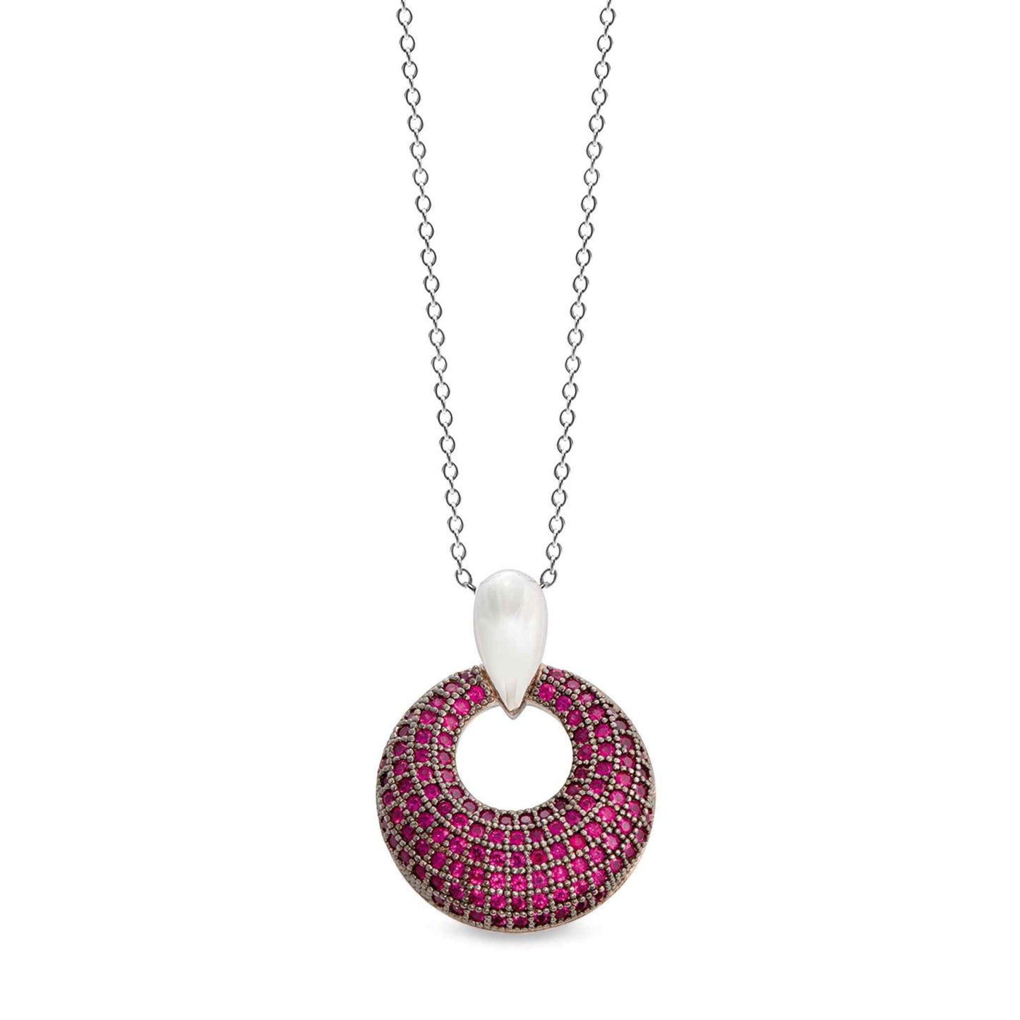 A platinum & black sterling silver two tone circle pendant with ruby colored simulated diamonds displayed on a neutral white background.