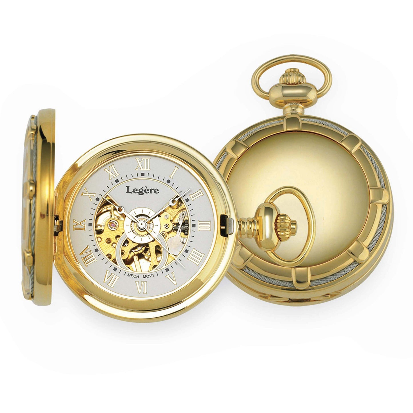 A stainless steel pocket watch with mechanical roman numerals displayed on a neutral white background.