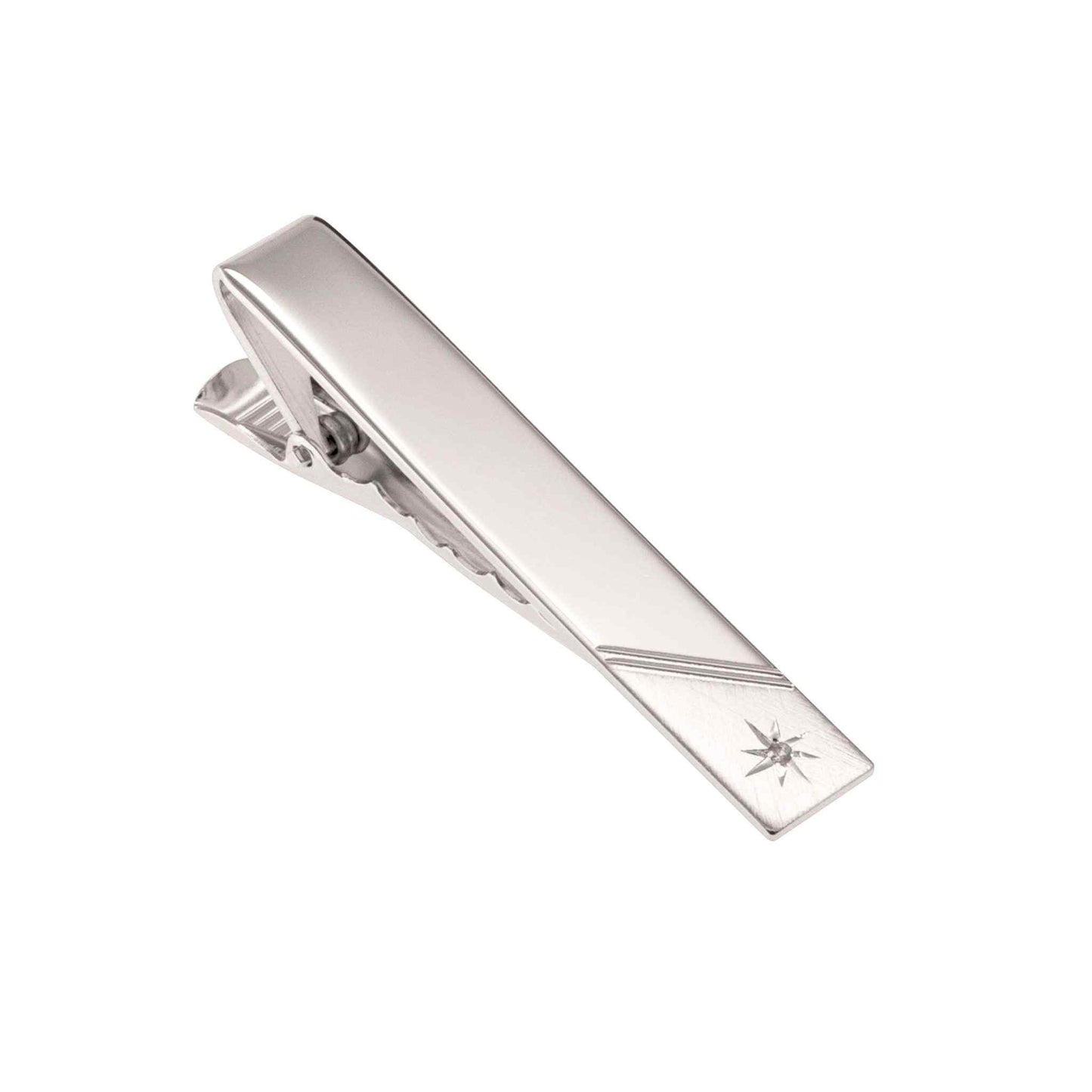 A polished florentine finish tie bar with .01ctw genuine diamond displayed on a neutral white background.