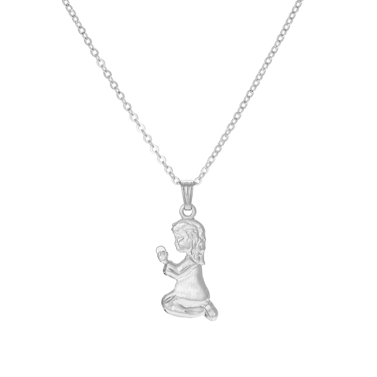 A praying child necklace displayed on a neutral white background.