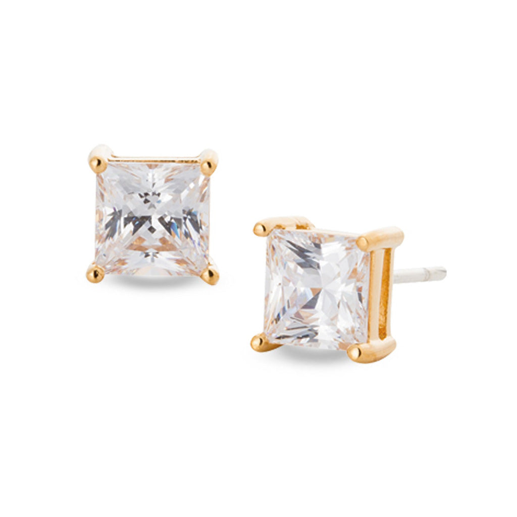 A prong set 6mm princess cut simulated diamond earrings displayed on a neutral white background.