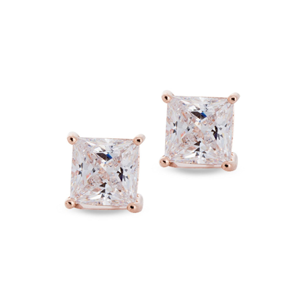 A prong set 6mm princess cut simulated diamond earrings displayed on a neutral white background.