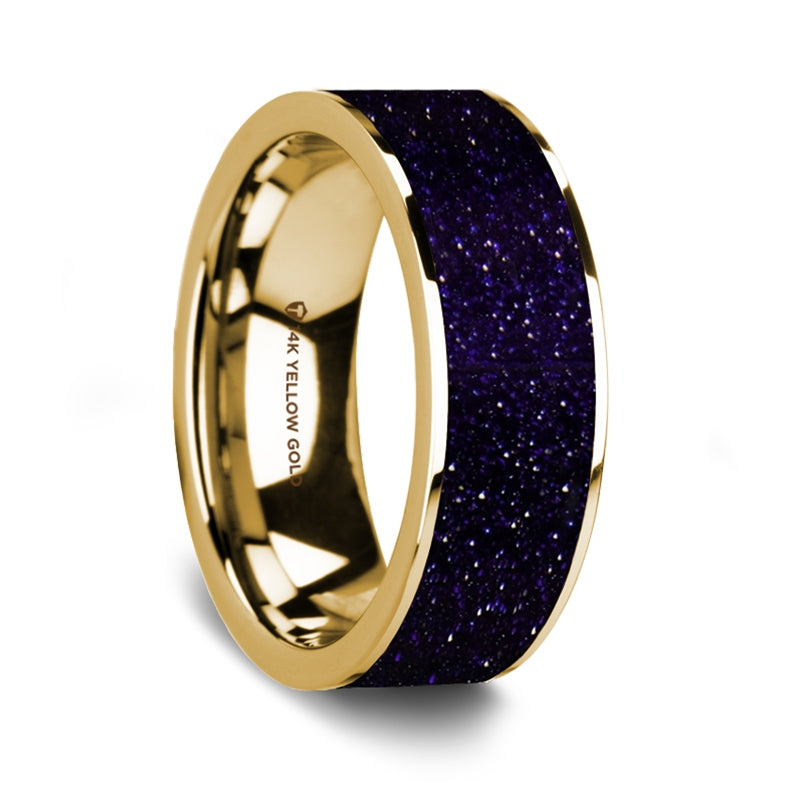 Purple Goldstone Inlay 14k Yellow Gold Men's Wedding Band