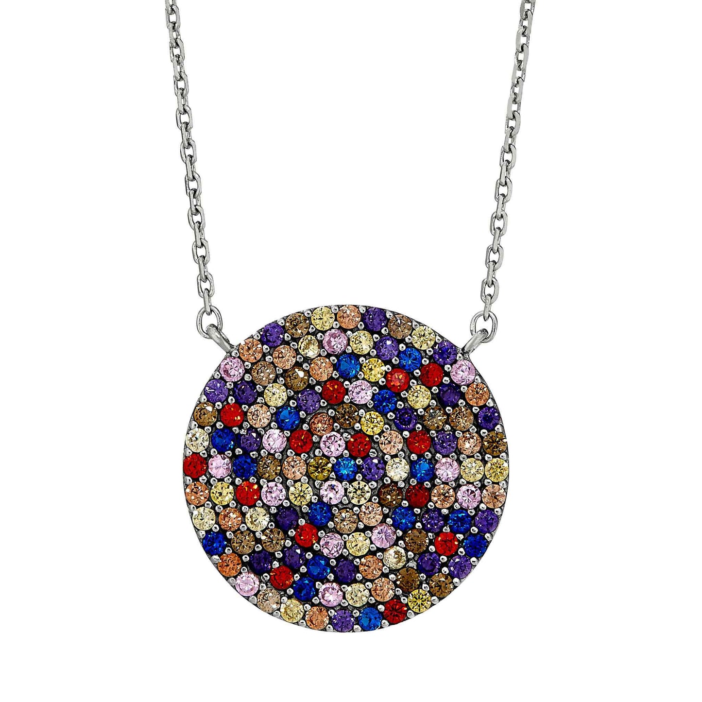 A rainbow circle necklace with simulated diamonds & gemstones displayed on a neutral white background.