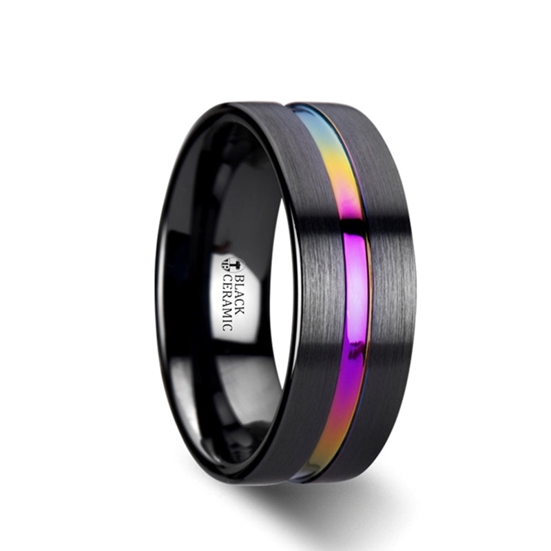 Rainbow Grooved Brushed Black Ceramic Couple's Matching Wedding Band Set