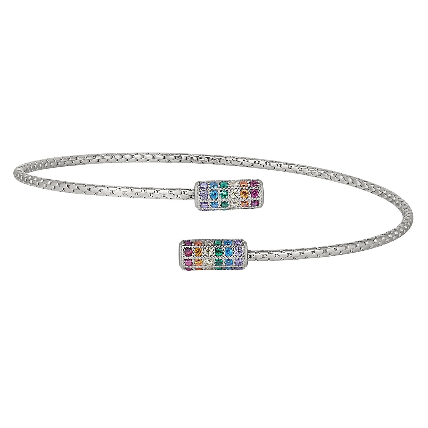 A rainbow negative space spiral wrap cable bracelet displayed on a neutral white background.