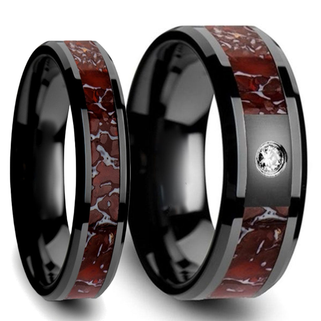 Red Dinosaur Bone Inlay Black Ceramic Couple's Matching Wedding Band Set