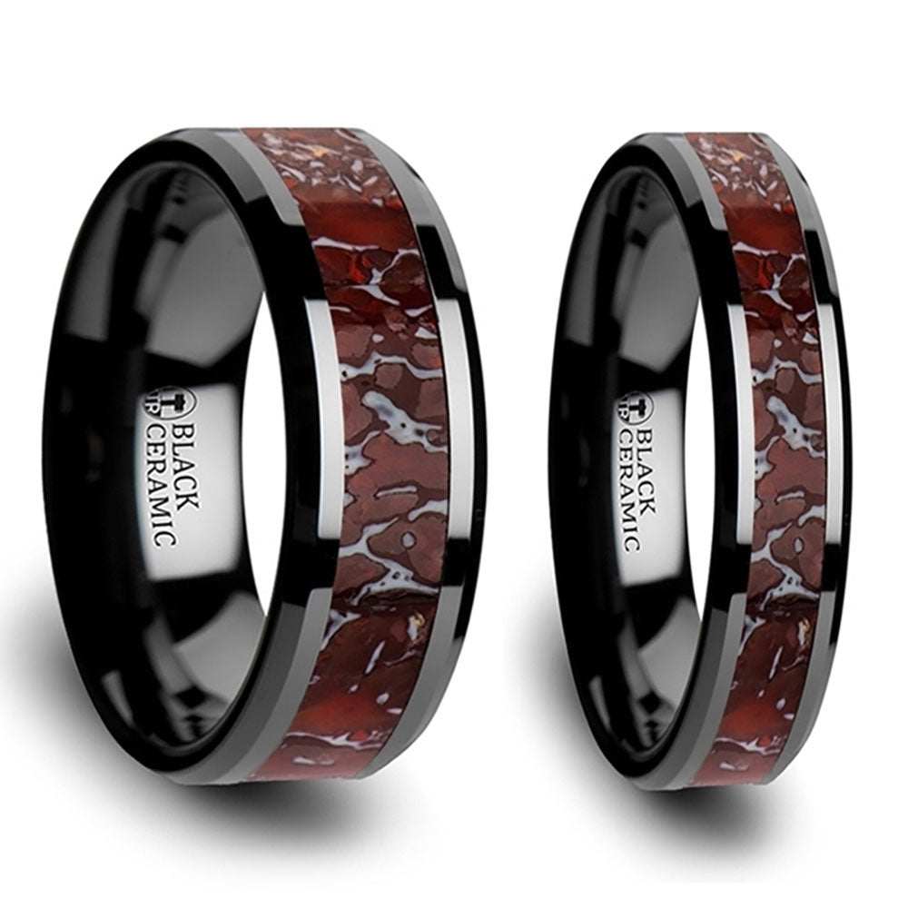 Red Dinosaur Bone Inlaid Black Ceramic Couple's Matching Wedding Band Set