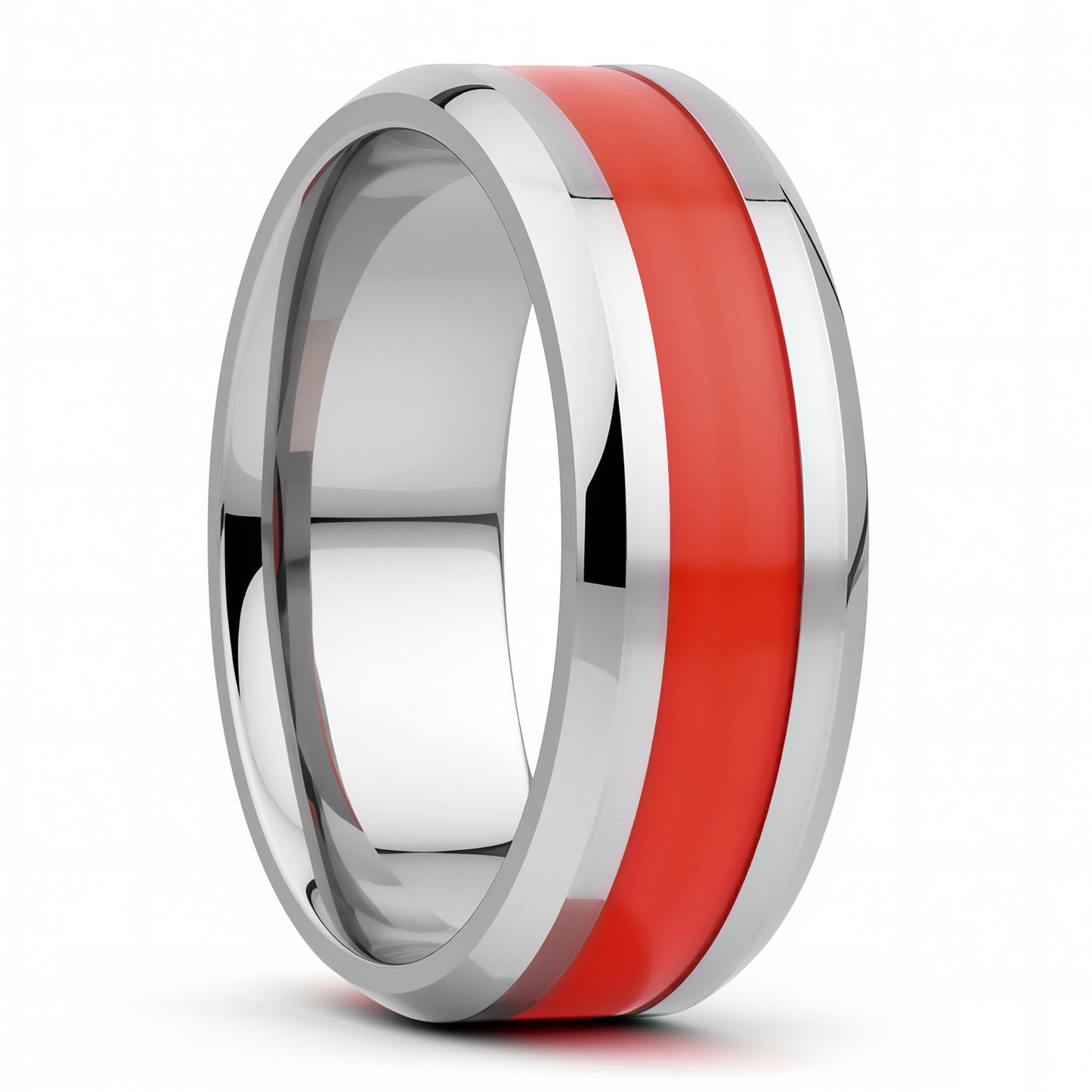 Red Stripe Inlay Titanium Wedding Band with Beveled Edges
