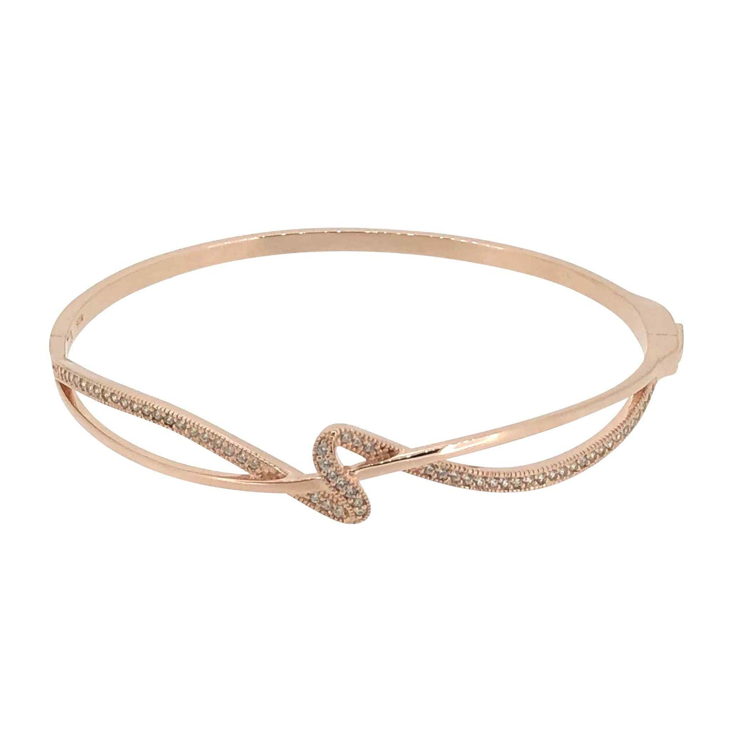 A ribbon swirl bangle bracelet with simulated diamonds displayed on a neutral white background.