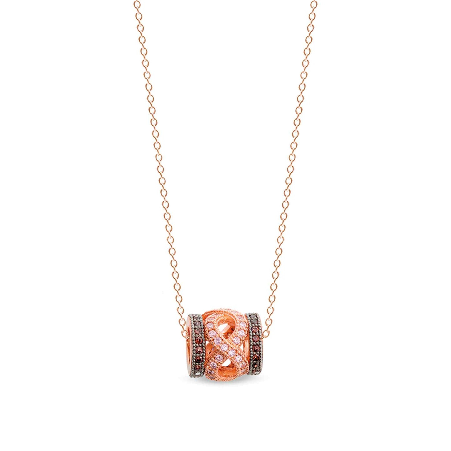 A rose gold & black sterling silver two tone pendant with pink & brown simulated diamonds displayed on a neutral white background.