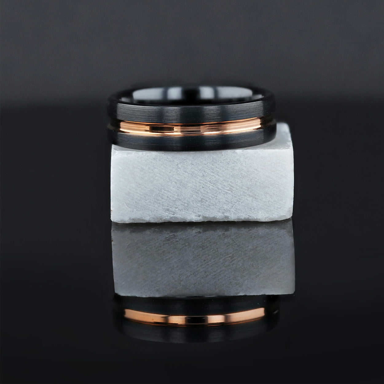 Rose Gold Grooved Black Ceramic Couple's Matching Wedding Band Set