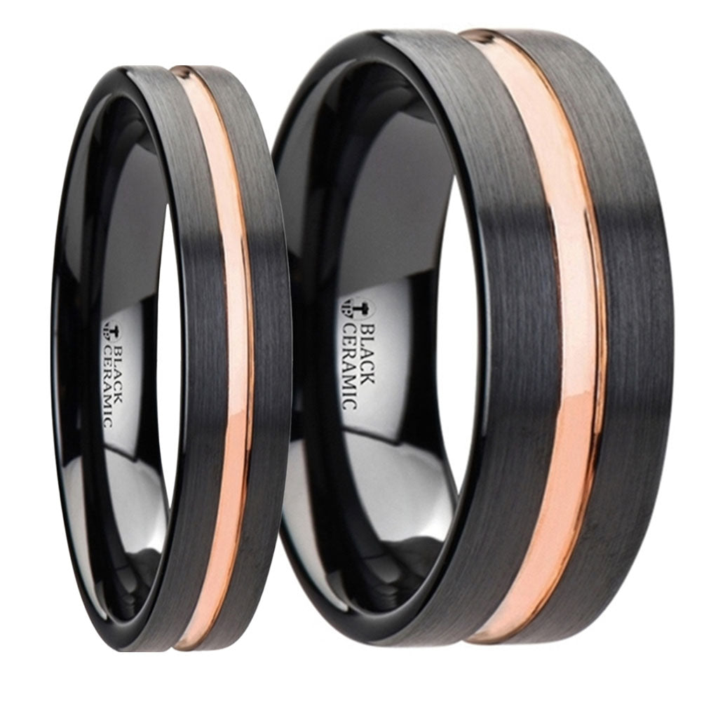 Rose Gold Grooved Black Ceramic Couple's Ring Set Vansweden Jewelers