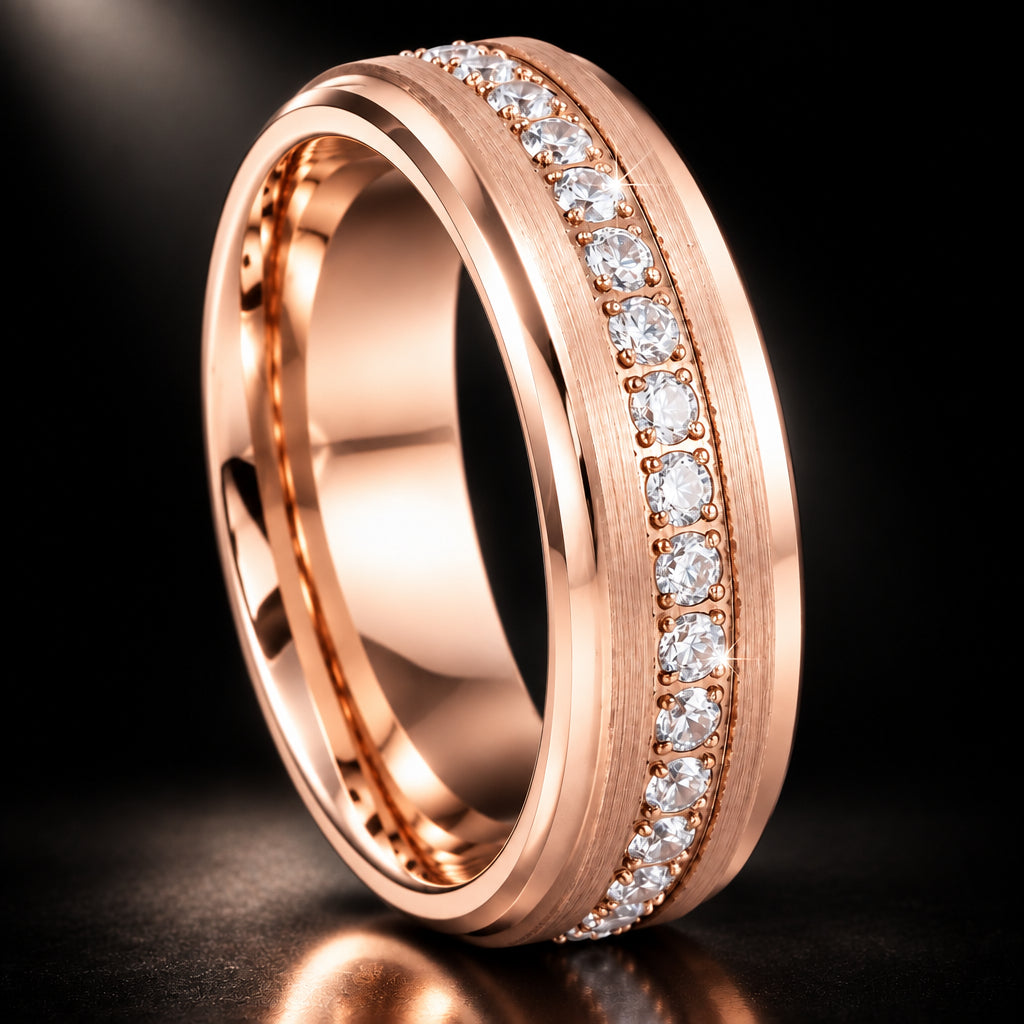 Rose Gold Tungsten Men's Wedding Band with Cubic Zirconia