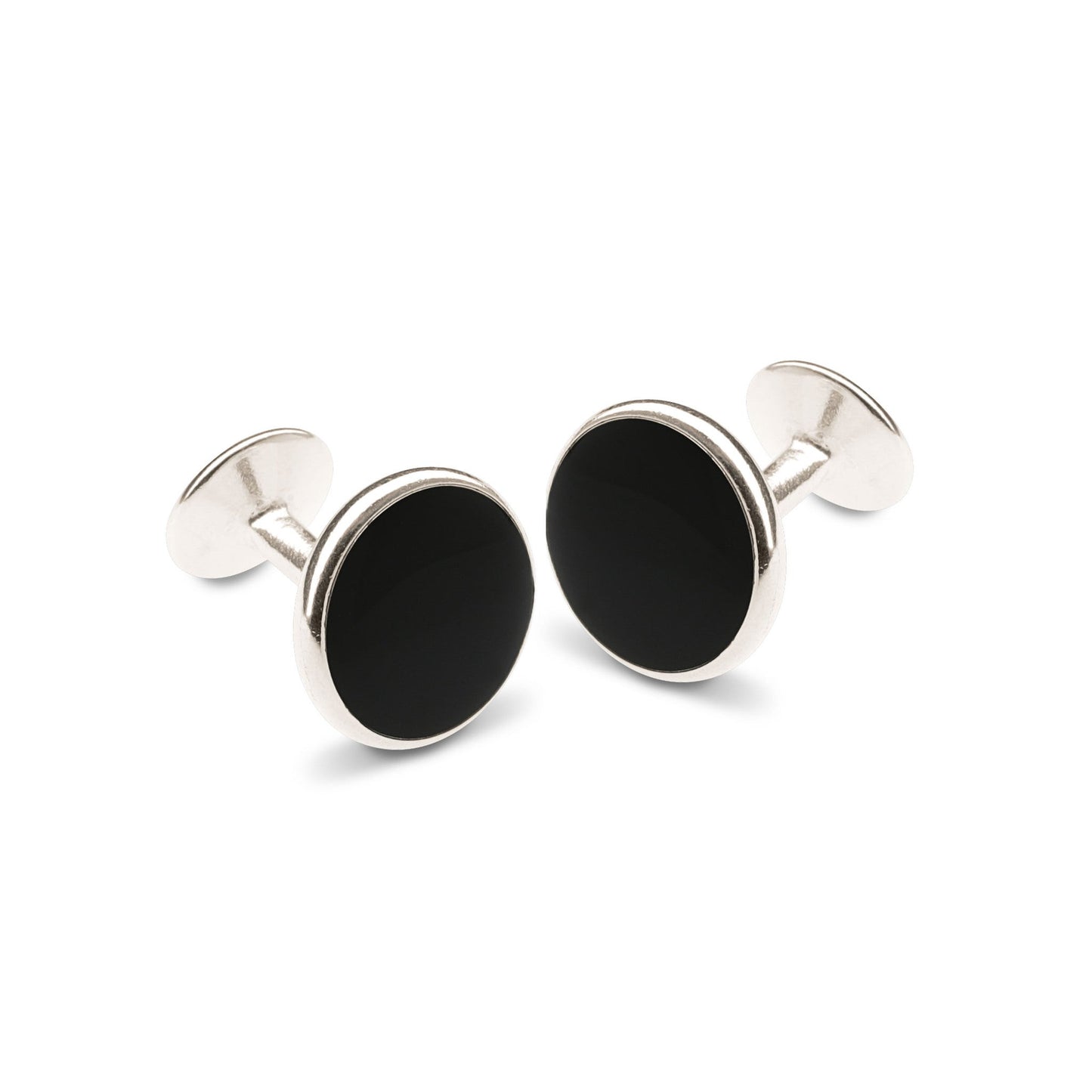 A round black epoxy cufflinks displayed on a neutral white background.