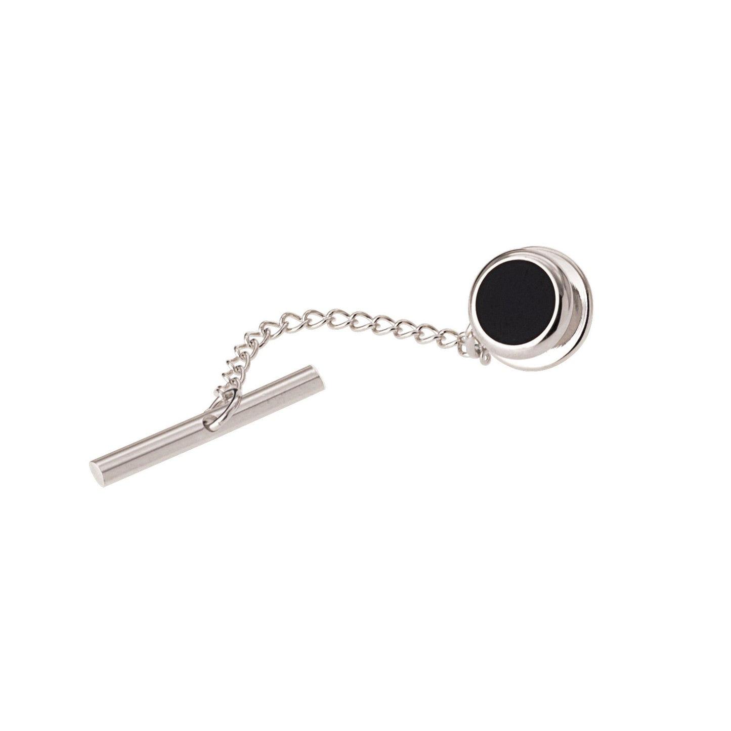 A round black epoxy tie tack displayed on a neutral white background.