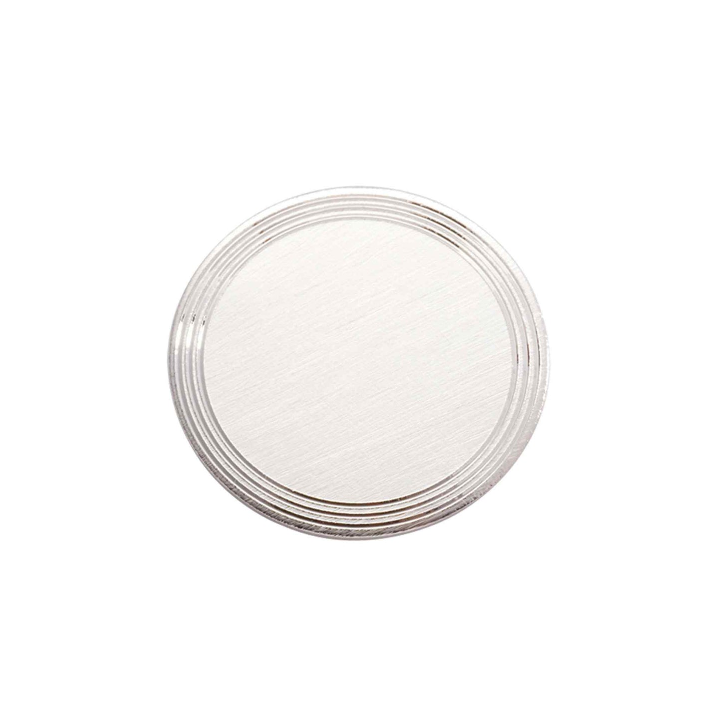 A round florentine finish pin with three ring edge displayed on a neutral white background.